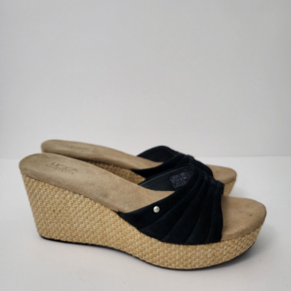 UGG Australia Alvina Wedge Womens 9 Black Suede Slip On Platform Sandals